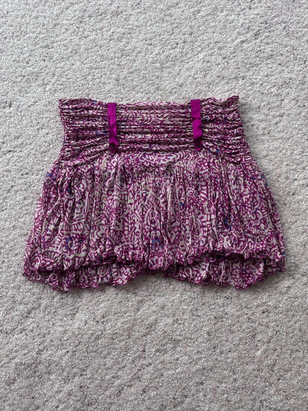 **SOLD** Diane Von Furstenberg Pink Purple Printed Smocked mini silk Skirt